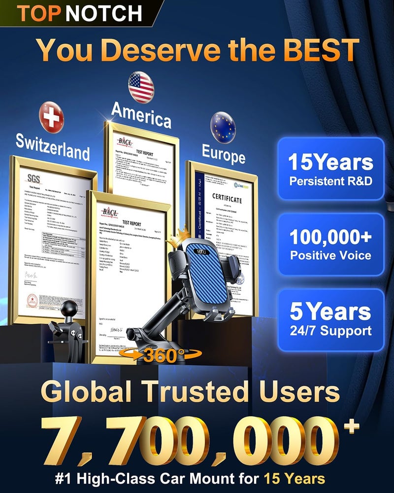 HTU 2026 Ultimate Best【True Military-Grade & Safety Cert】Car Phone Holder 【Upgraded 5-in-1 & 100+LBS Strongest Suction】360 Rotation Truck Windshield Dashboard Vent Mount Stand for iPhone Android, Blue - Image 2
